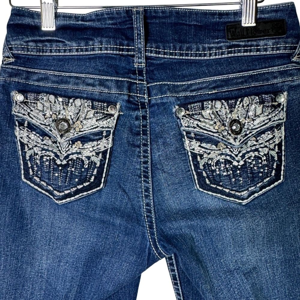 Wallflower Womens Size 1 Capri Jeans‎ Blue Embellished Sequin Pocket Stretch Y2K